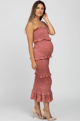 Olive Satin Smocked Fitted Maternity Maxi Dress