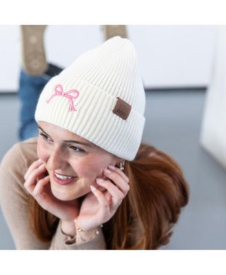 Women's Embroidered Bow Beanie - White