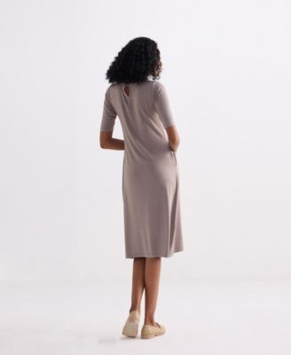 Women's High Crew Neck Elbow Sleeves Fitted Dress in Dusty Brown