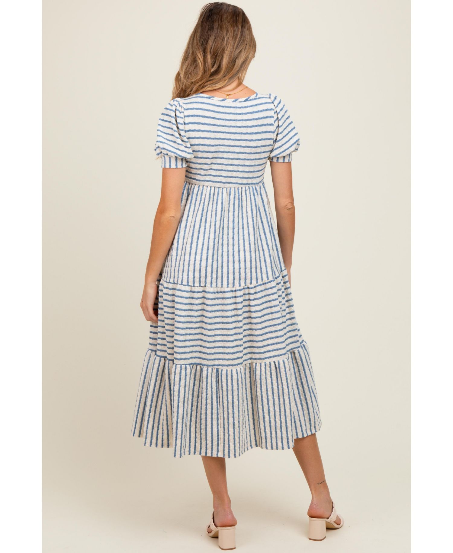 Women's Dusty Olive/ Cream Striped Short Sleeve Tiered Maxi Dress
