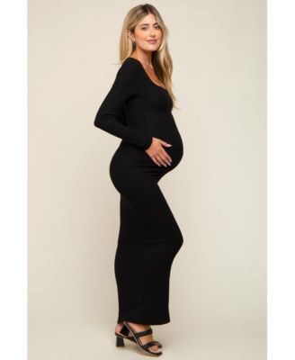 Maternity Black Ribbed Long Sleeve Square Neck Maxi Dress