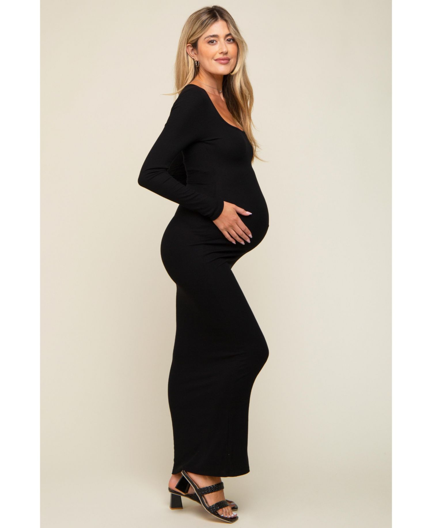 Women's Black Ribbed Long Sleeve Square Neck Maxi Dress