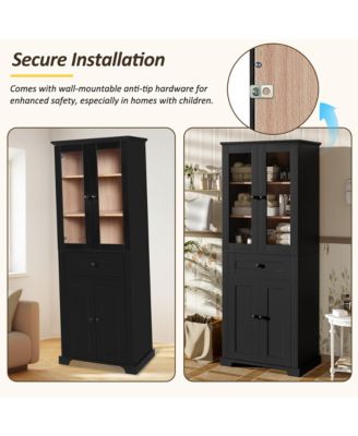 67" Freestanding Tall Bathroom Linen Tower Cabinet with Tempered Glass Doors, Adjustable Shelves, Drawer & Soft-Close Design