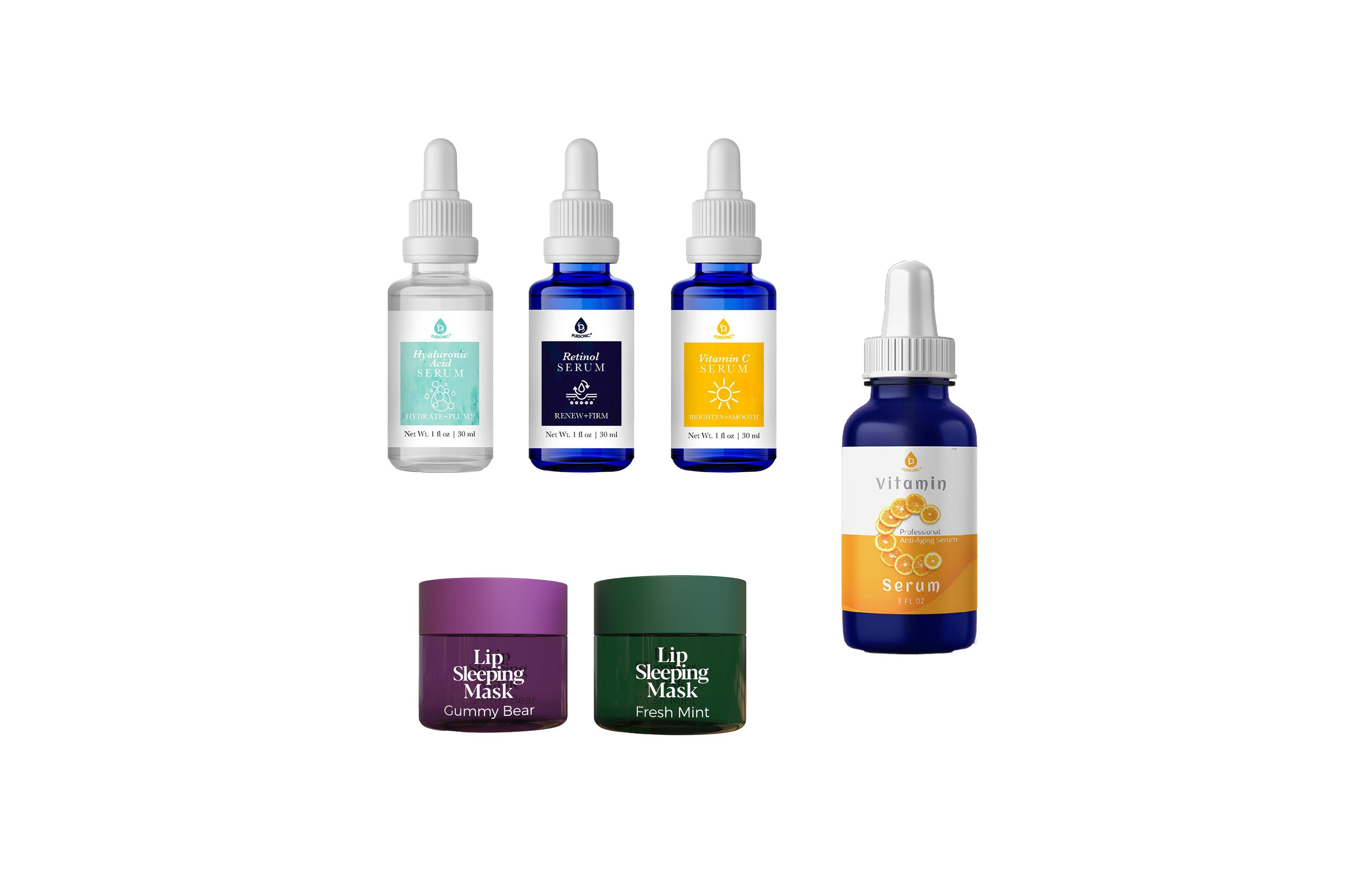 Pursonic Complete Radiance Bundle: Vitamin C Serum (3 oz), Anti-Aging Serum Set & Lip Sleeping Masks – Gummy Bear & Fresh Mint