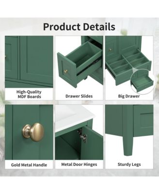 Bathroom Vanity with Storage Adjustable Shelf MDF Rubberwood Removable Dividers Dark Green Finish