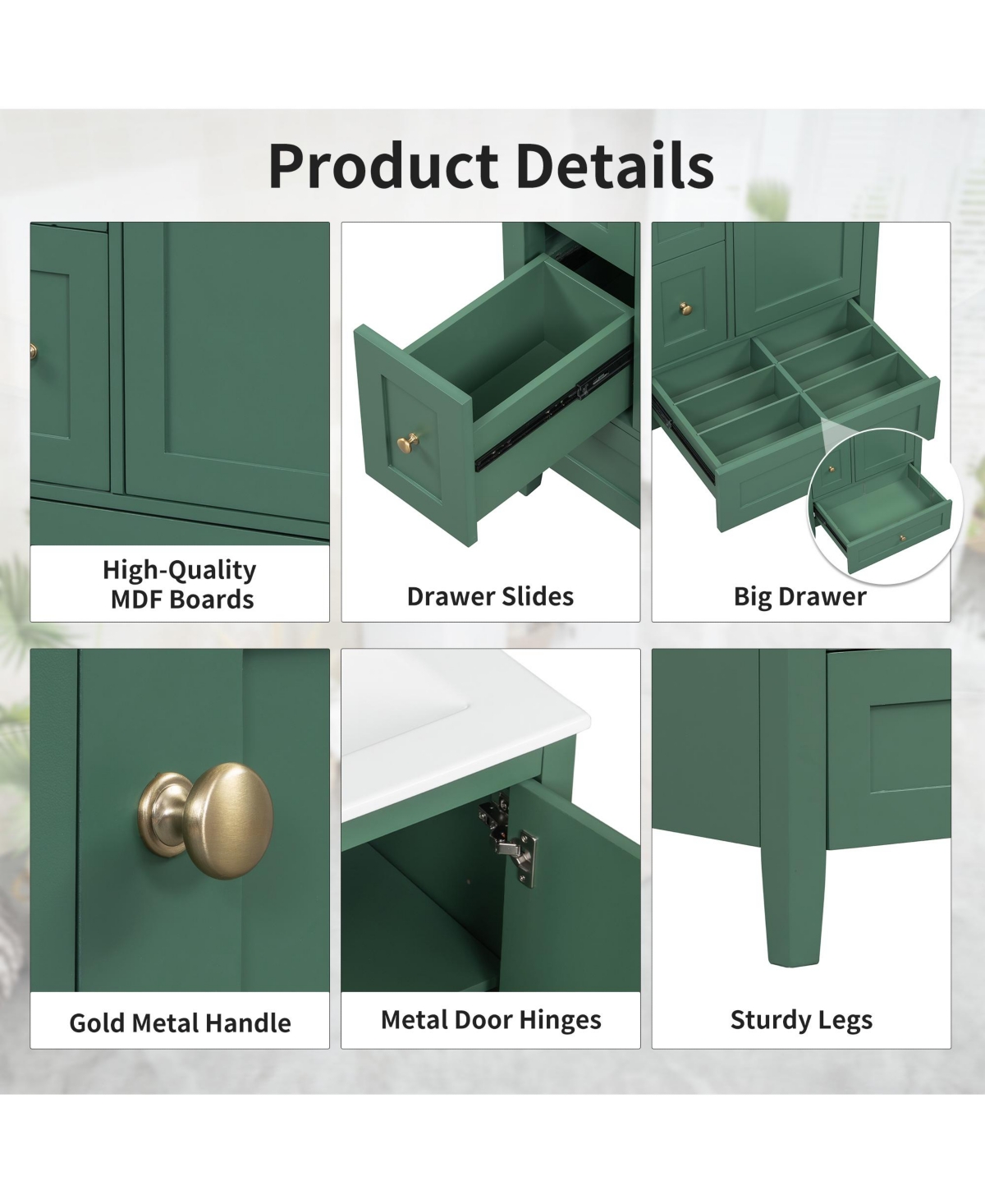 Lovmor Bathroom Vanity with Storage Adjustable Shelf Mdf Rubberwood Removable Dividers Dark Green Finish