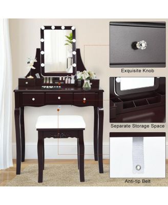 10 Dimmable Light Bulbs Vanity Dressing Table with 2 Dividers and Cushioned Stool
