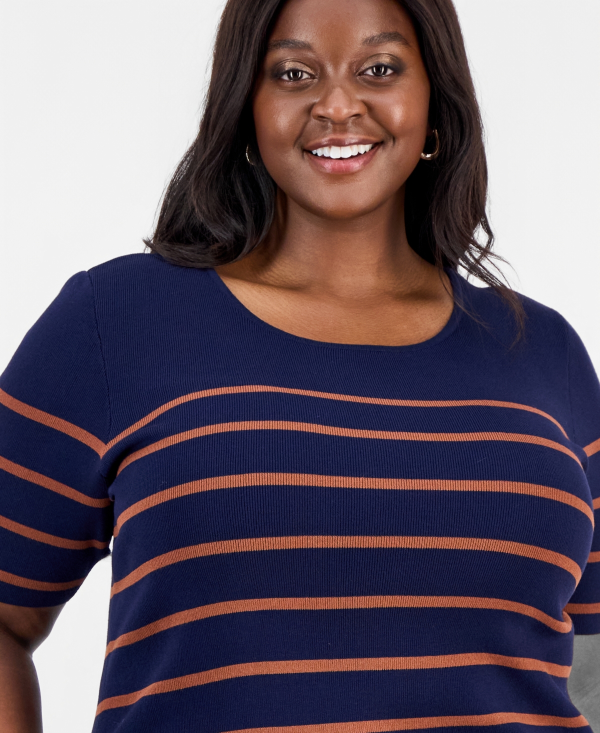Tahari Asl Plus Size Striped Short-sleeve Crewneck Sweater In Blue