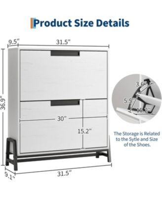 Shoe storage cabinet with 2 flip drawers, metal legs, and adjustable shelf. Slim, freestanding design ideal for entryways and hallways,White