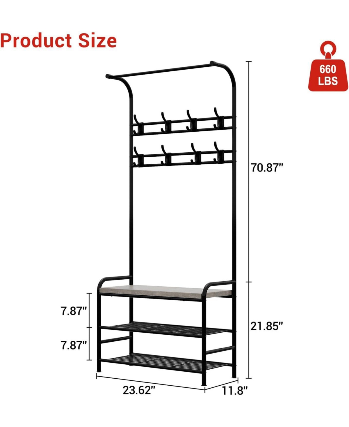 gaomon Hall Tree Shoe Bench, 4-in-1 Entryway Storage Bench with 8 Sturdy Hooks, Freestanding Coat Rack for Small Spaces, Apartments, Bedroom, RusticGr
