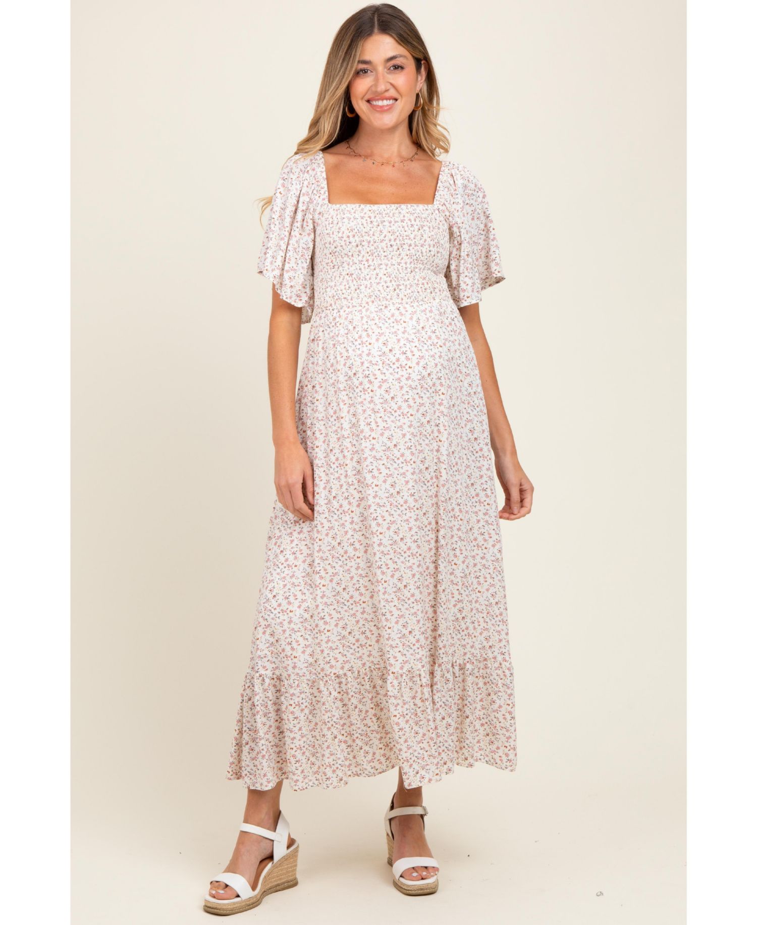 Women's Cream Multi Ditsy Floral Smocked Midi Dress