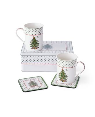 Christmas Tree Polka Dot 5-Pc. Mug and Tin Coaster Set