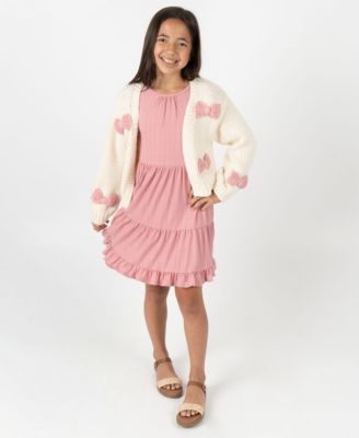 Rare Editions - Girls 7-16 2-Piece Tiered Dress and Bow Detail Cardigan Set
