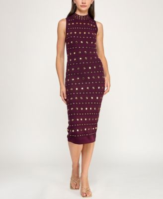 Juniors' Mock Neck Sleeveless Studded Midi Sweater Dress