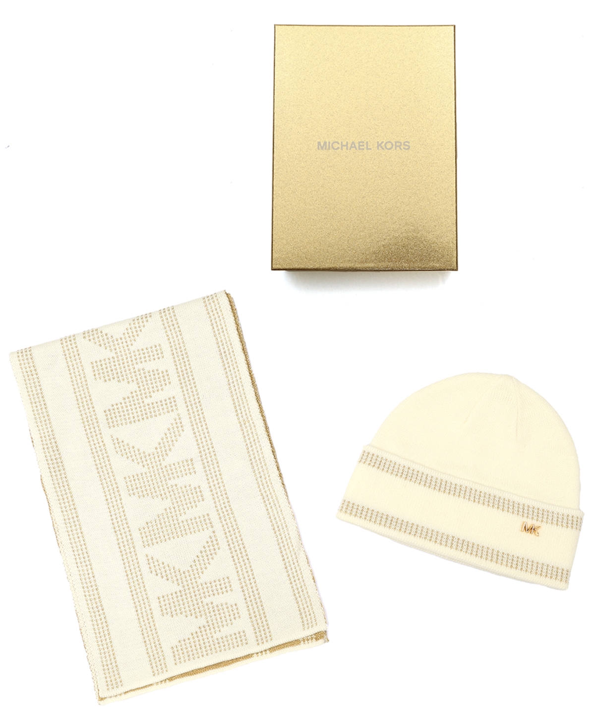 Michael Kors Michael  Women's Signature 2-piece Mk Sport Tape Cuff Beanie And Scarf Set In White