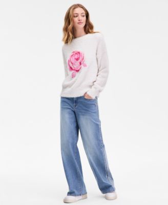 Juniors' Rose-Print Eyelash-Texture Sweater
