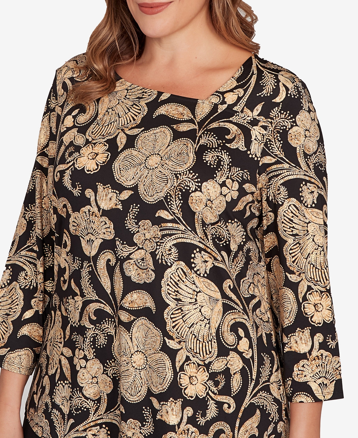 Ruby Rd. Plus Size Gold Foil Floral Printed Knit Top In Multi