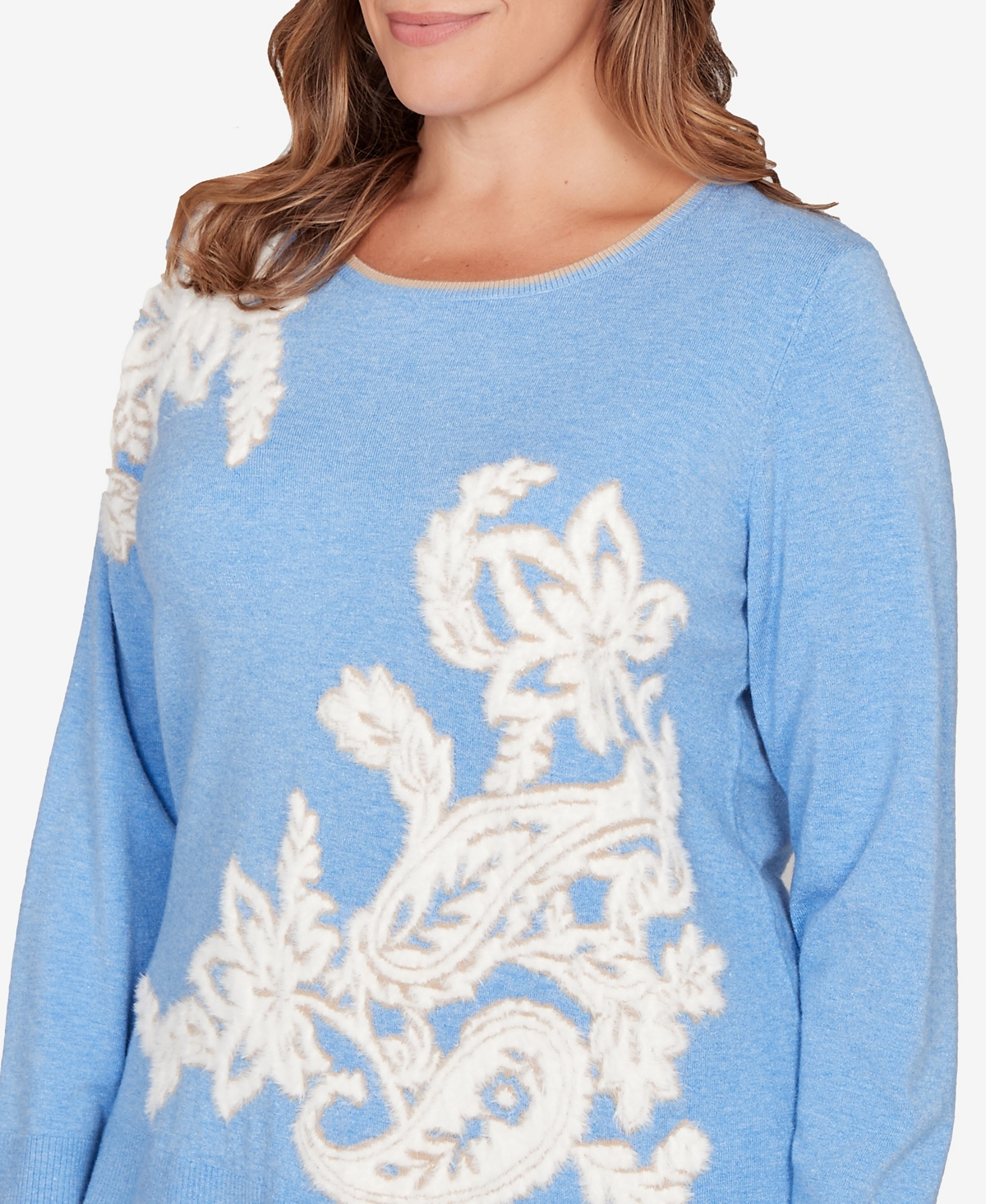 Ruby Rd. Plus Size Floral Paisley Eyelash Jacquard Sweater In Blue