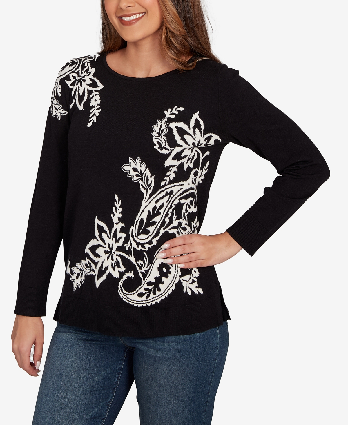 Ruby Rd. Plus Size Floral Paisley Jacquard Sweater In Black