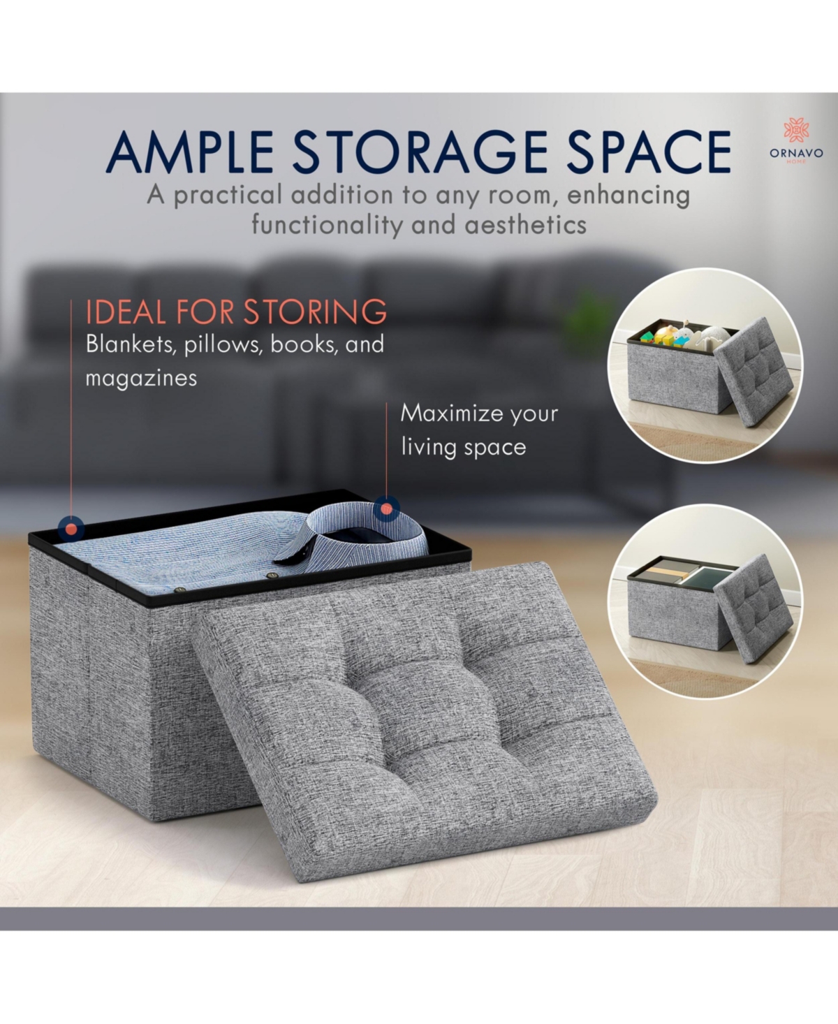 Ornavo Home Set of 2 Collapsible Rectangle Small Storage Ottoman