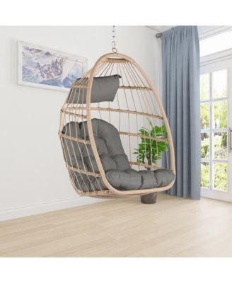 55 Inch Dark Gray Rattan Egg Swing Chair with Stand and Deep Gray Cushion