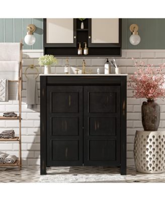 30" Solid Wood & MDF Bathroom Vanity with Ceramic Sink, Soft-Close Doors & Adjustable Shelf Storage Cabinet