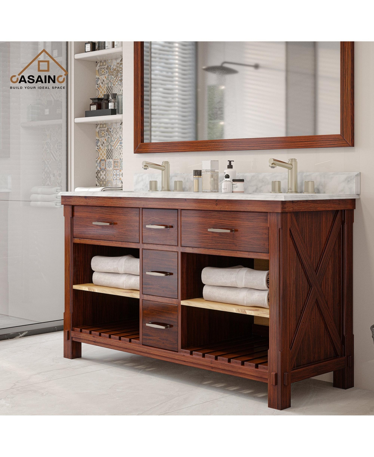 Casainc 60-Inch Solid Wood Bathroom Vanity with Marble Bullnose Top and Ceramic Basin