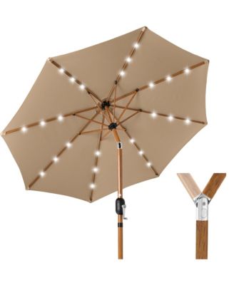 10ft Solar LED Lighted Outdoor Woodgrain Pattern Steel Market Patio Umbrella