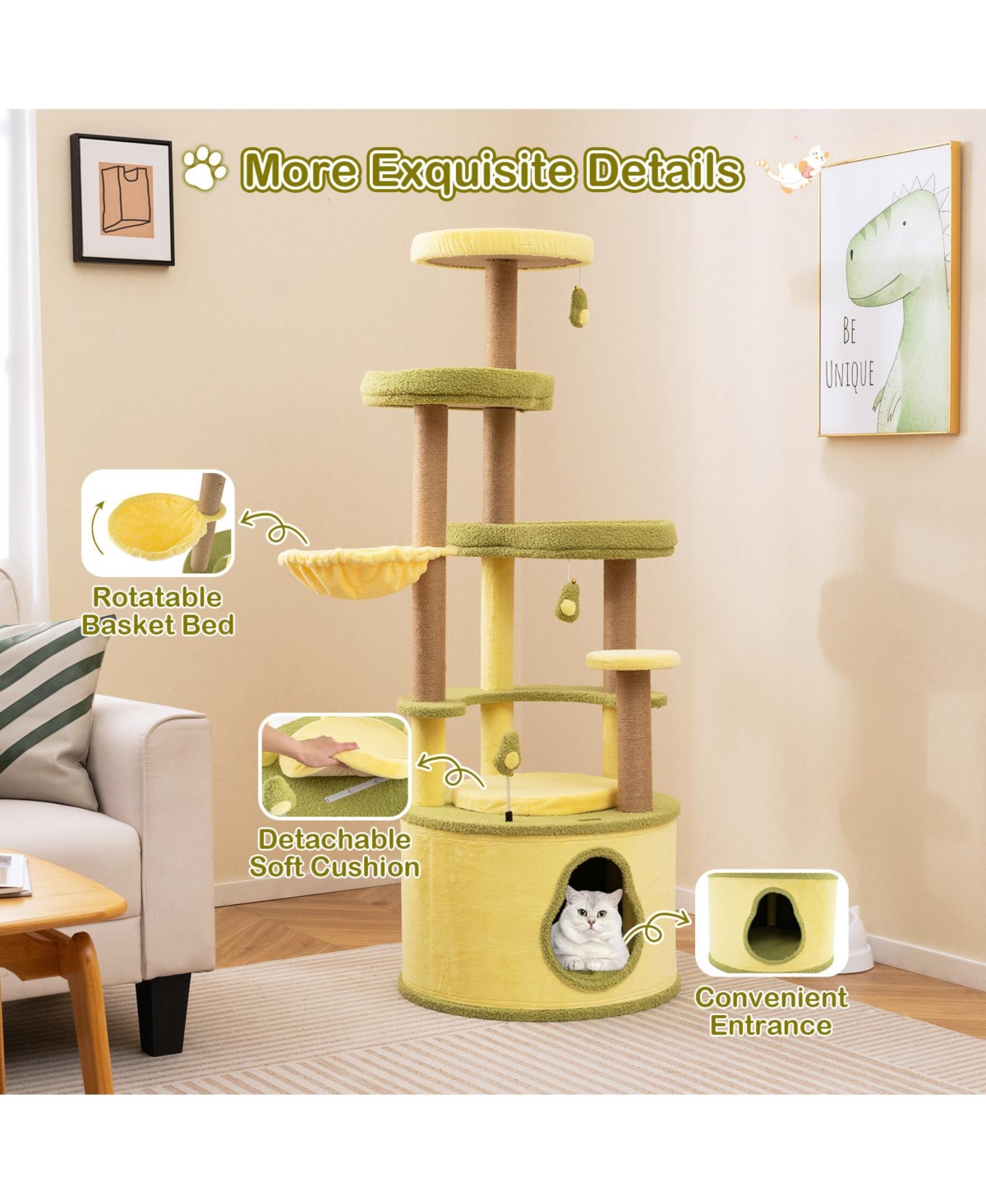 Gymax Large Avocado Cat Tree Multi-level Cat Tower w/ Large Private Condo Fun Pompoms