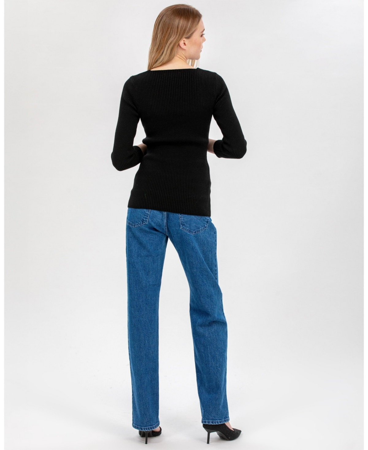 Pietro Brunelli Maternity Ribbed Bella Sweater with Button Detail V-Neck 3/4 Sleeve