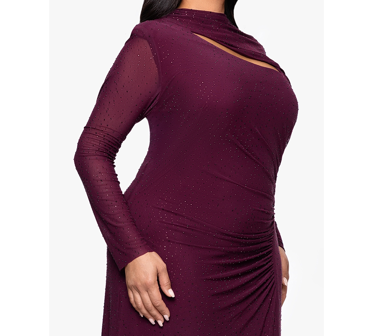 Betsy & Adam Plus Long-Sleeve Asymmetrical Neck Ballgown
