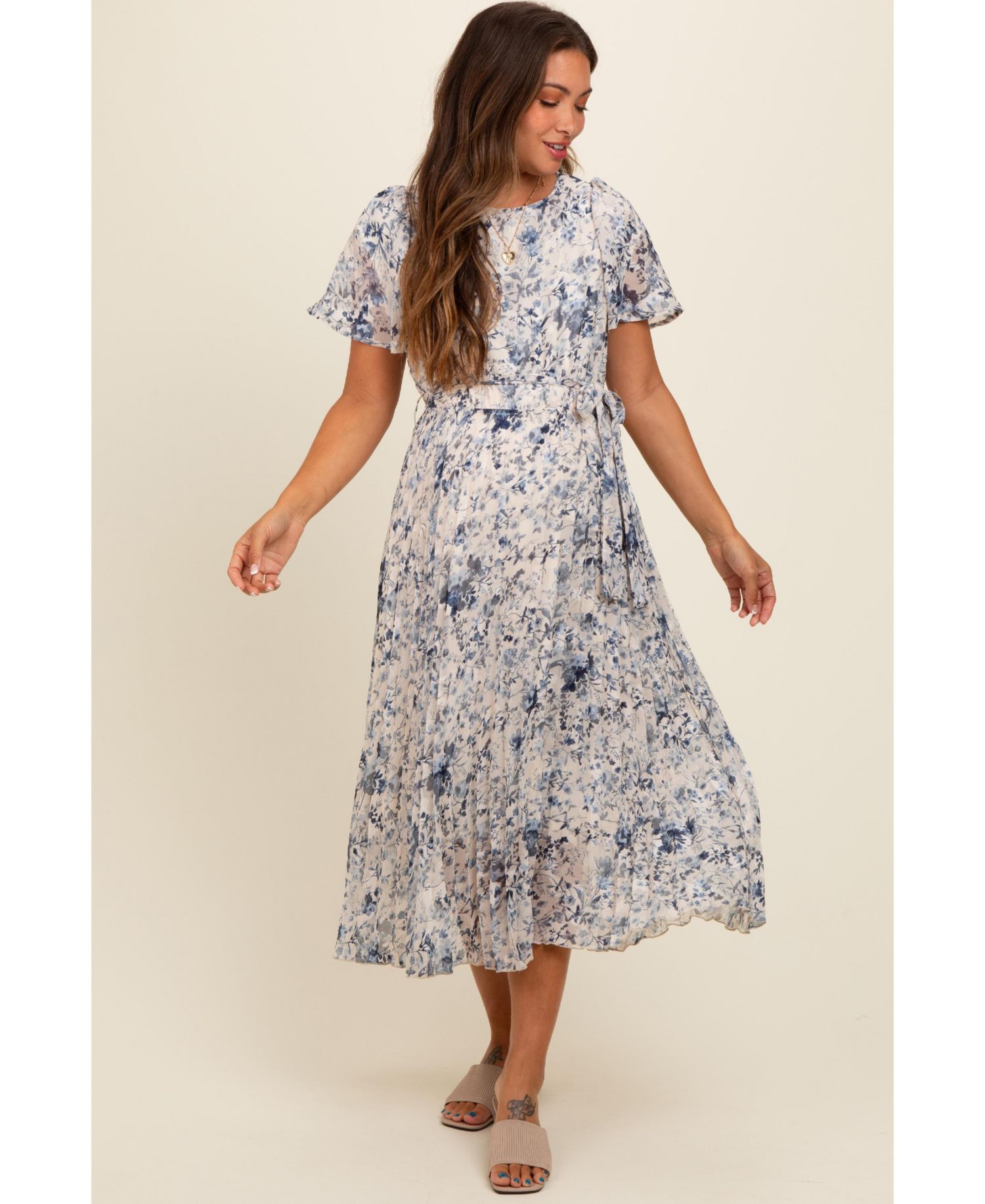 Women's Cream Floral Pleated Midi Dress