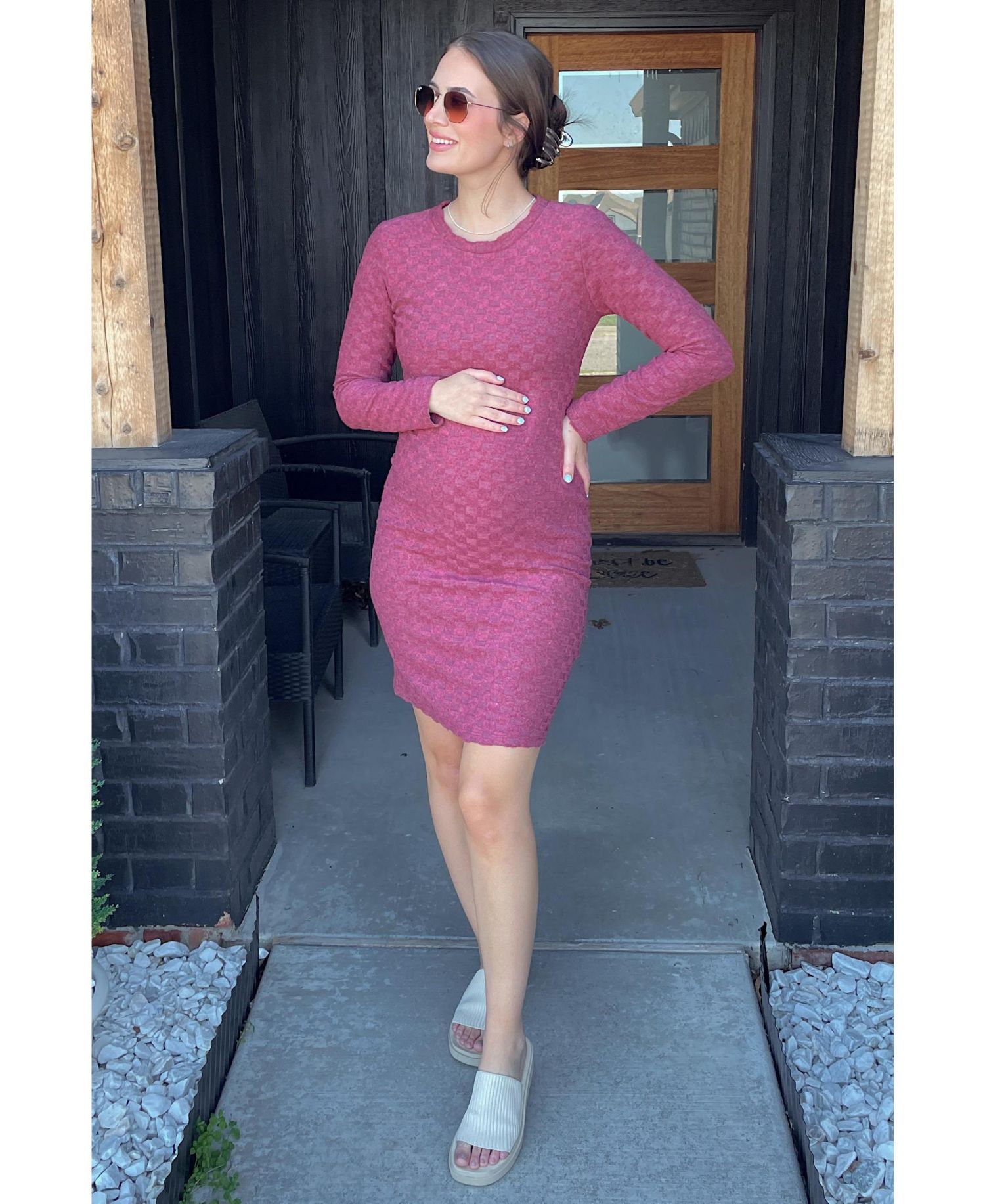 Women's Burgundy Soft Brushed Knit Long Sleeve Dress