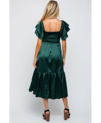 Maternity Forest Green Satin Flutter Sleeve Midi Dress
