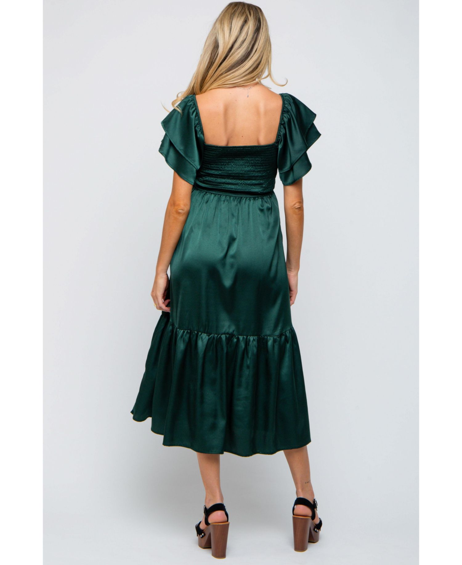 Women's Navy Satin Flutter Sleeve Midi Dress