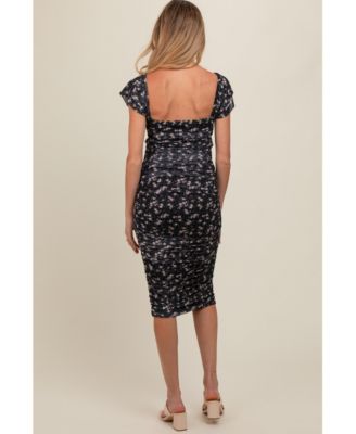 Maternity Black Printed Stretch Knit Ruched Dress