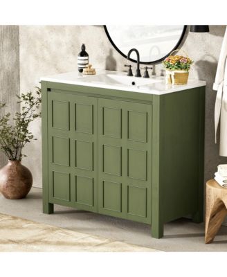 36" Solid Wood Bathroom Vanity Set with Ceramic Sink & Distressed Finish Storage Cabinet Organizer