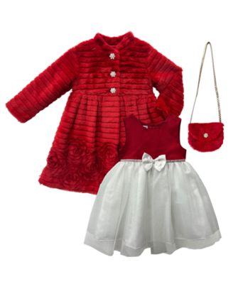 Blueberi Boulevard - Girls 2T-6X 3-Piece Rosette-Embellished Coat, Dress and Purse Set
