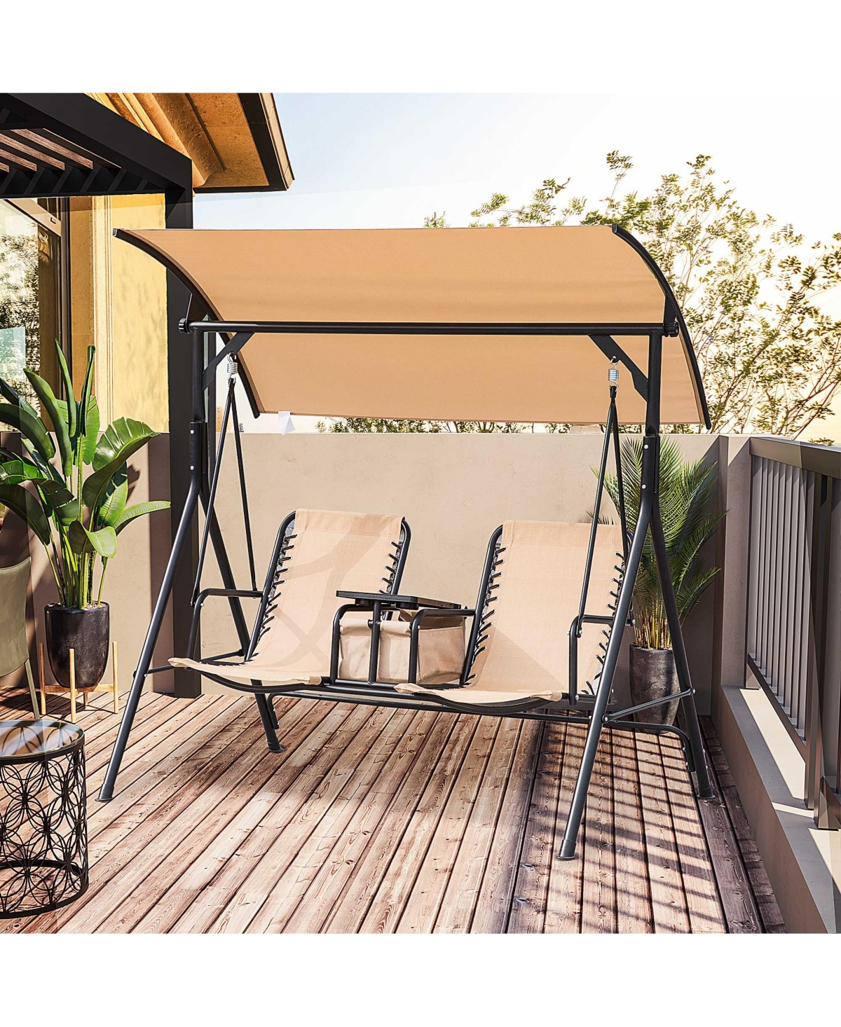 Flynama 69 Inch 2-Seat Canopy Patio Swing with Storage Table and Cup Holders