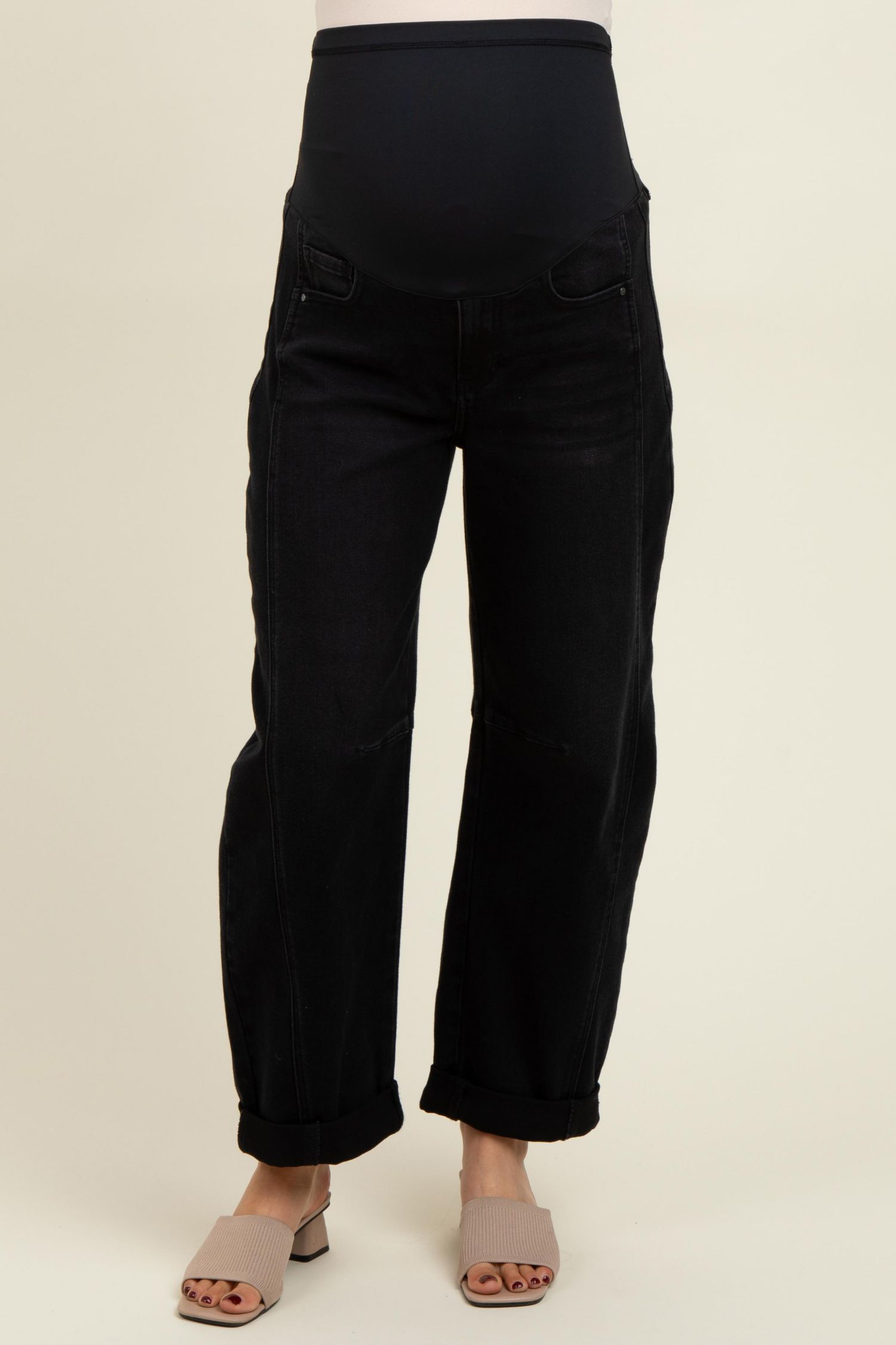 Women's Black Rolled Cuff Barrel Leg Jeans