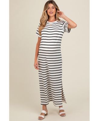 Maternity White Striped Side Slit Maxi Dress