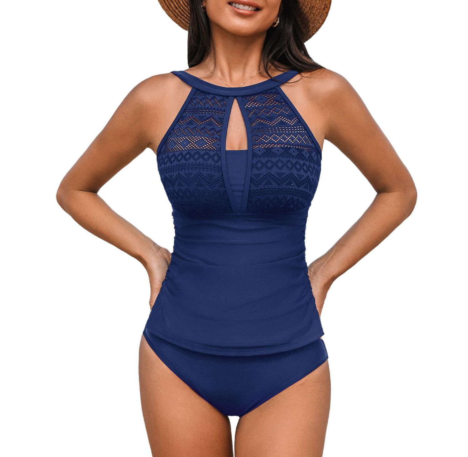 Women's High Neck Mesh Cutouts Adjustable Straps Tankini Sets