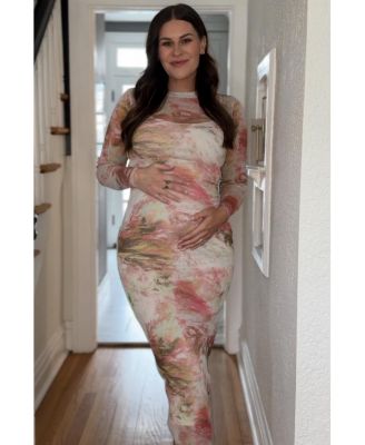Maternity Pink Abstract Printed Mesh Overlay Maxi Dress