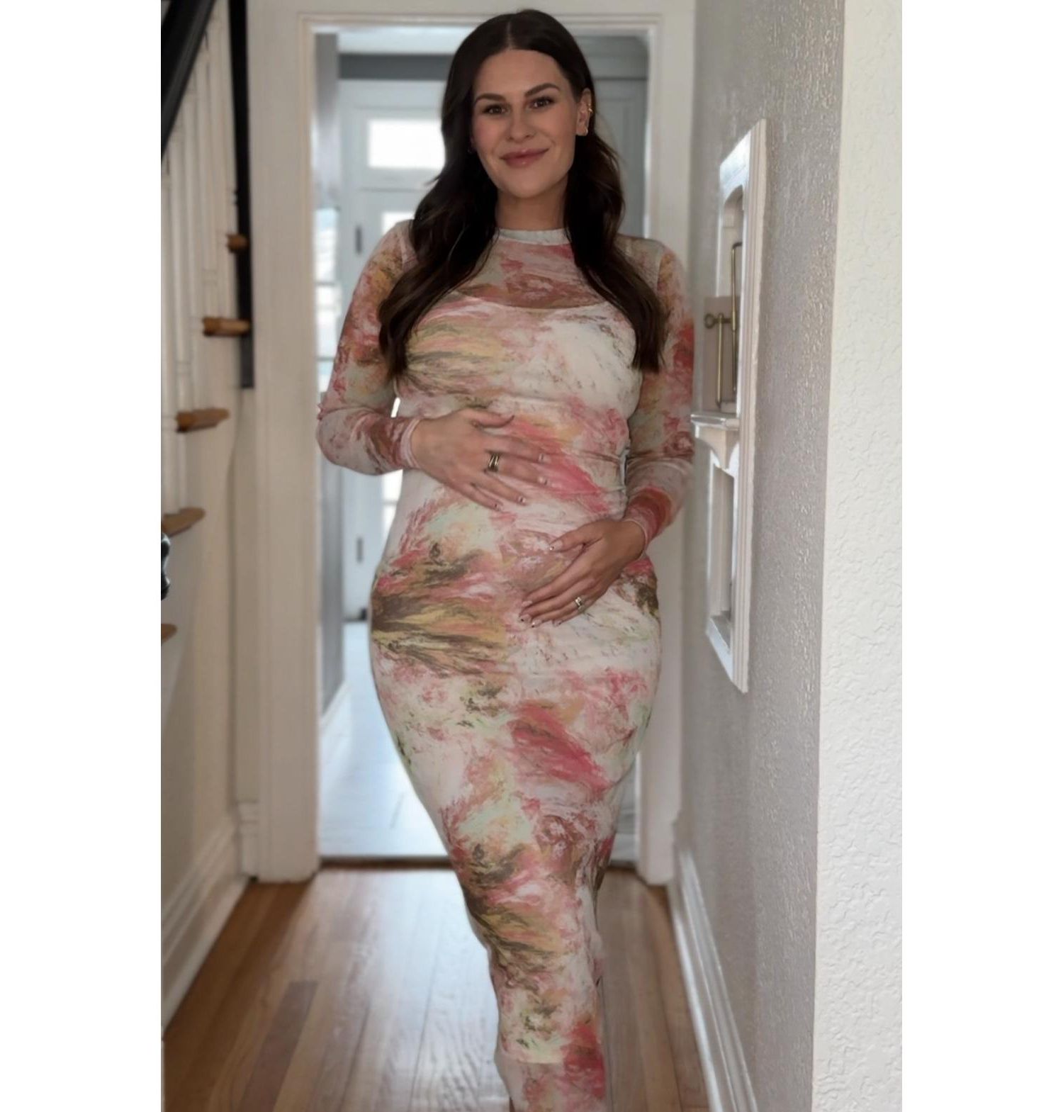 Women's Pink Abstract Printed Mesh Overlay Maxi Dress