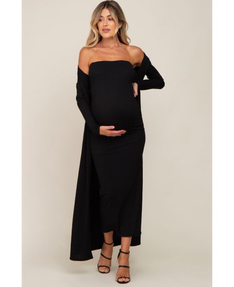 Женские платья Pinkblush Black Ribbed Sleeveless Dress Cardigan Set, цвет: Чёрный