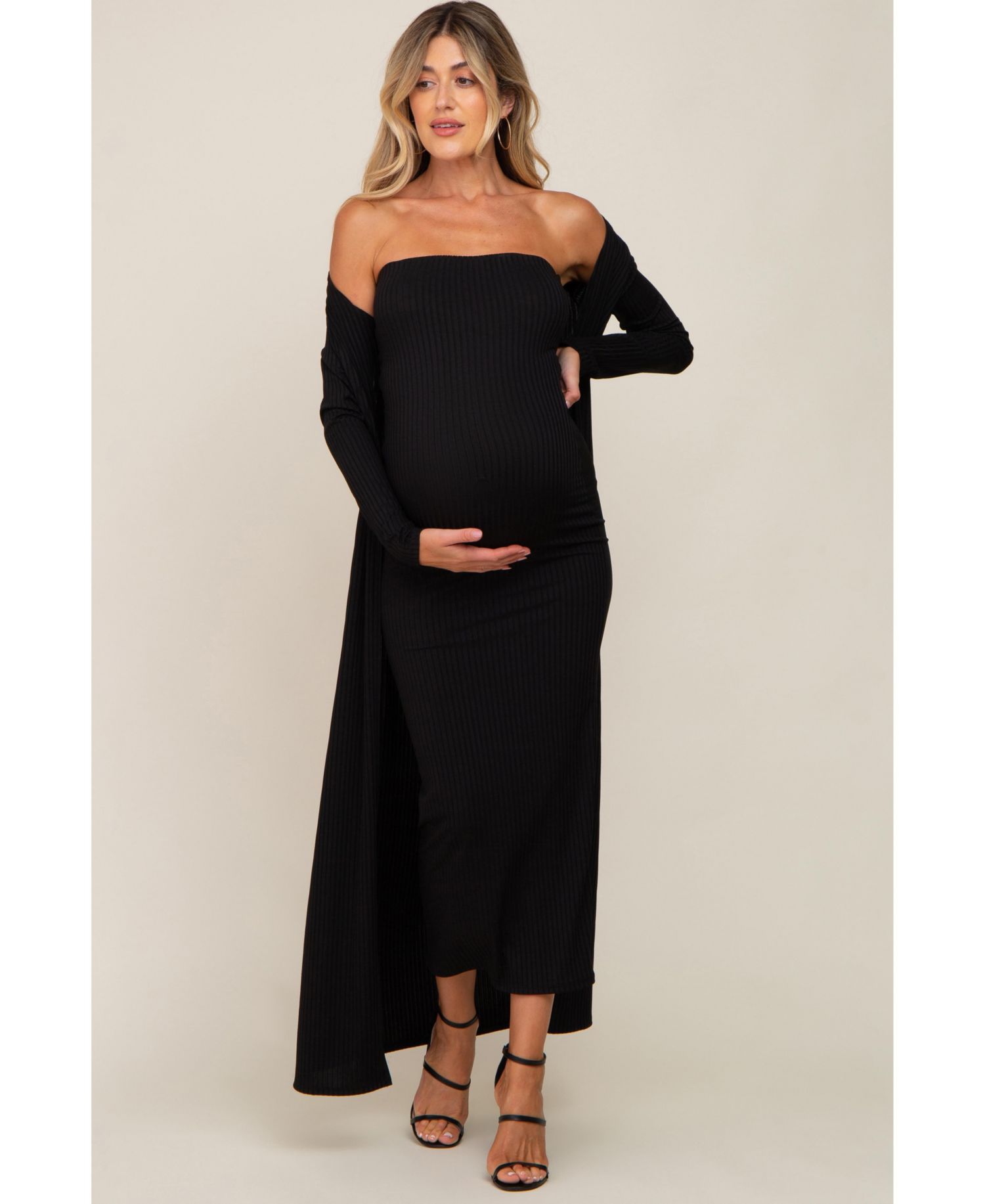 Women's Black Ribbed Sleeveless Dress Cardigan Set