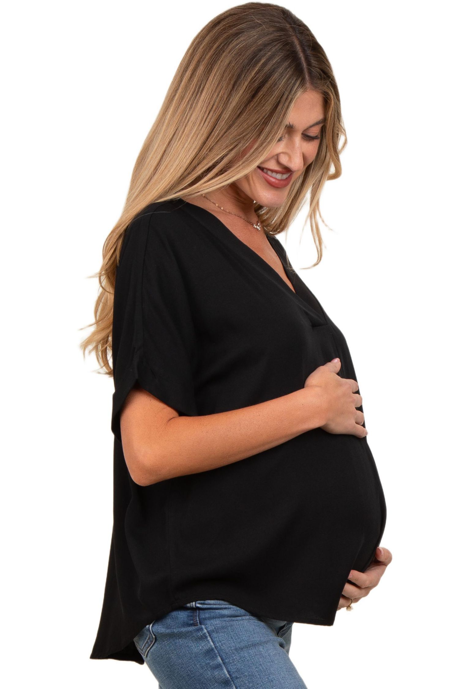 Women's Black V-Neck Pin-Tuck Detail Top