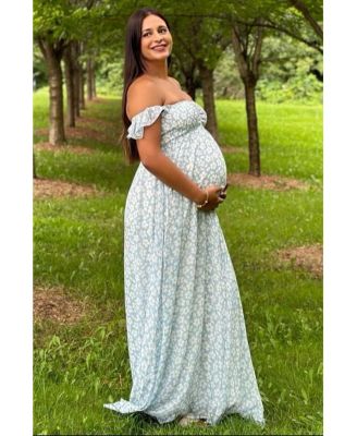 Maternity Light Blue Floral Chiffon Sweetheart Neck Off Shoulder Maxi Dress