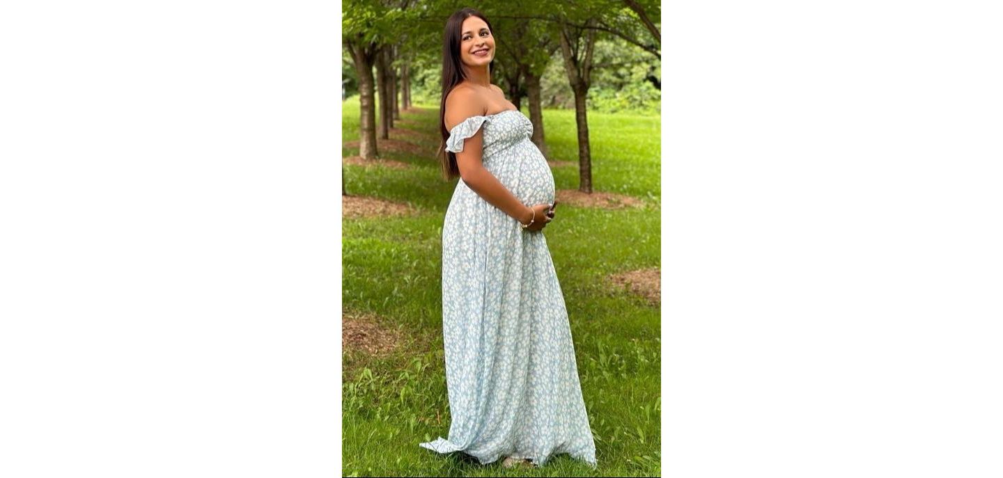 Женское платье Pinkblush Light Blue Floral Chiffon Sweetheart Neck Off Shoulder Maxi, цвет: Светлый синий — фото 3