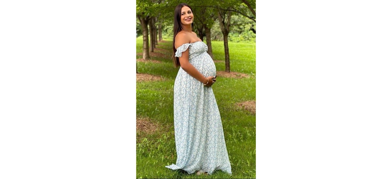 Women's Light Blue Floral Chiffon Sweetheart Neck Off Shoulder Maxi Dress